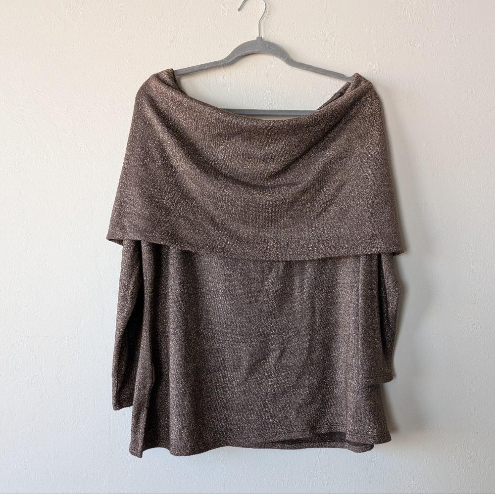 Coleen Lopez Elegant Brown Metallic Cowl Off-Shoulder Sweater Stretch Size XL